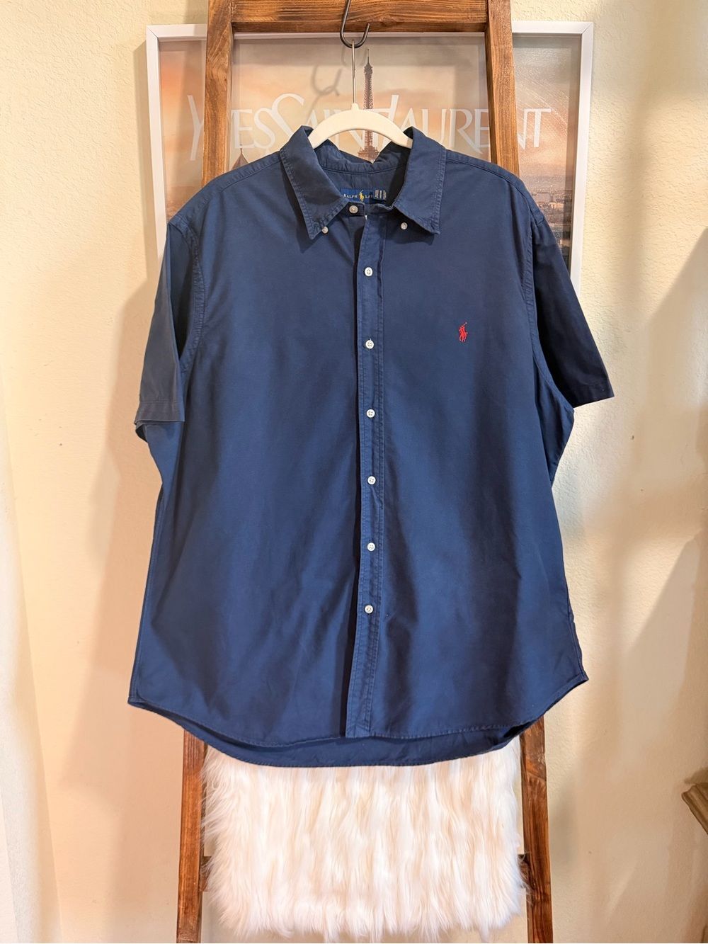 Ralph Lauren Navy Short-Sleeve Button-Down with Red Pony